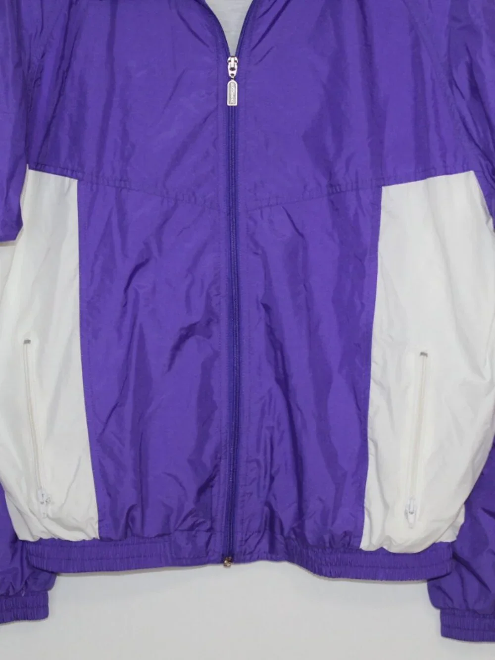 Vintage 90s sport varsity windbreaker jacket purple white zip front sports wear